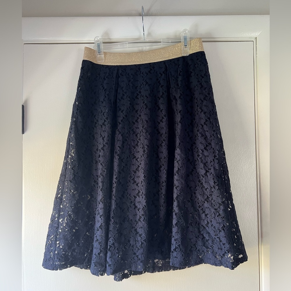 Benetton Navy Lace Skirt Sparkle Gold Waist Band Romantic Regency Core Party